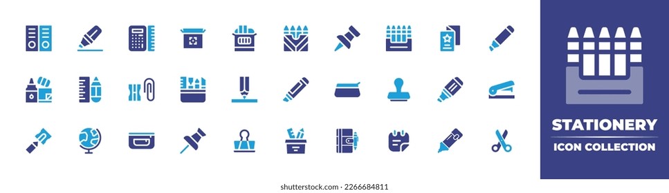 Stationery icon collection. Duotone color. Vector illustration. Containing blinder, highlighter, calculator, packaging, chalk, crayons, push pin, flyer, marker, stationery, rule, pencil sharpener.