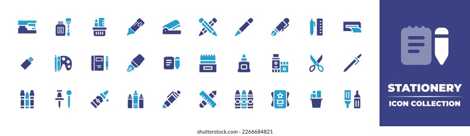 Briefmarkensymbolsammlung. Duotonfarbe. Vektorgrafik. Mit Stapler, Leim, Bleistifthalter, Highlighter, Farbstifte, Bleistift, Füllfederhalter, Bürowerkzeuge, Druck, usb, Kunst, Schreibwaren.