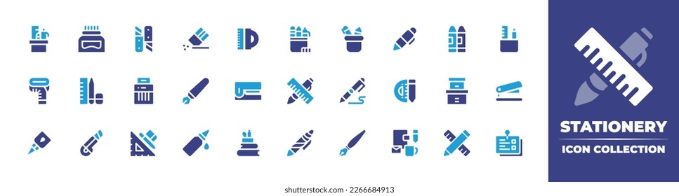 Stationery icon collection. Duotone color. Vector illustration. Containing school material, ink bottle, cutter, eraser, rulers, pens, stationery, pen, crayon, measuring tape, tools, shredder, stapler.