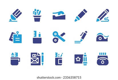 Stationery icon collection. Duotone color. Vector illustration. Containing highlighter, stationery, adhesive tape, crayons, drawing, sticky note, scissors, pen, scotch tape, ink. 