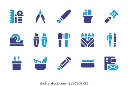 Stationery icon collection. Duotone color. Vector illustration. Containing tools, compass, pen, stationery, pencil sharpener, tape, highlighter, crayons, marker, pencil case. 