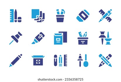 Stationery icon collection. Duotone color. Vector illustration. Containing tools, paper, stationery, eraser, paper pin, highlighter, pencil case, push pin, mechanical pencil, packaging, pushpin.