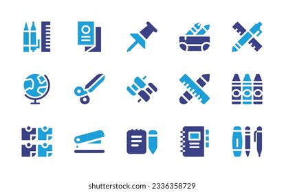 Stationery icon collection. Duotone color. Vector illustration. Containing pen, flyer, pushpin, case, creativity, geography, scissors, push pin, school material, crayon, sticky notes, stapler, station