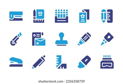 Stationery icon collection. Duotone color. Vector illustration. Containing stapler, office supplies, crayons, flyer, pencil and ruler, cutter, branding, stamp, highlighter, glue, pen, ruler, ink.