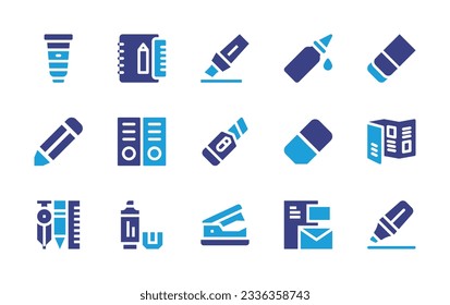 Stationery icon collection. Duotone color. Vector illustration. Containing paint, stationery, felt tip, glue, eraser, pencil, blinder, cutter, brochure, highlighter, stapler remover. 