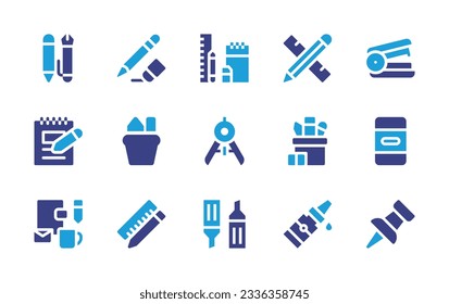 Stationery icon collection. Duotone color. Vector illustration. Containing stationery, pencil, stapler, notebook, compass, pencil case, eraser, branding, ruler, markers, liquid glue, push pin. 
