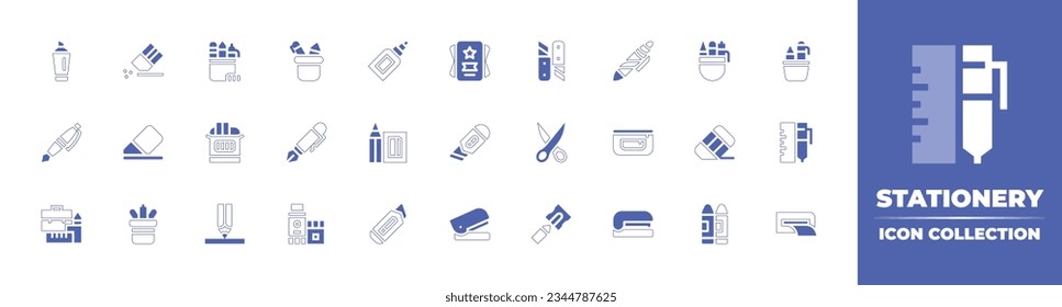 Stationery icon collection. Duotone style line stroke and bold. Vector illustration. Containing highlighter, eraser, pens, stationery, glue, flyer, cutter, pen, pencil, case, chalk, and more.