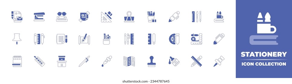 Stationery icon collection. Duotone style line stroke and bold. Vector illustration. Containing stationery, stapler, sticky, note, design, paper, clip, pen, pushpin, rules, calligraphy, and more.