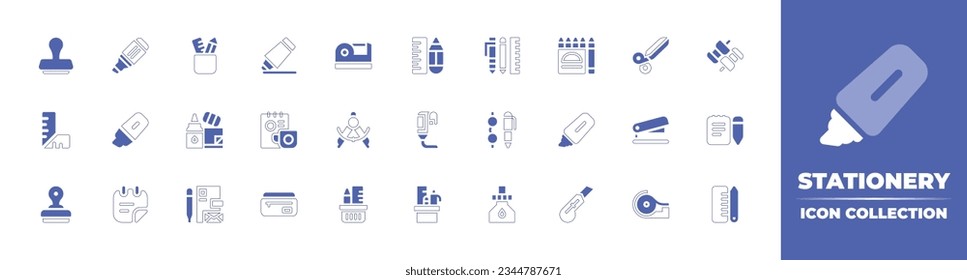Stationery icon collection. Duotone style line stroke and bold. Vector illustration. Containing stamp, highlighter, stationery, marker, scotch, tape, rule, tools, crayons, scissors, push, and more.