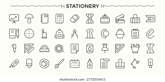 Stationery icon collection. File Folder vector icon set. Minimalist editable vector stroke. Containing file, stationary, education, pencil, document. Editable vector illustration.