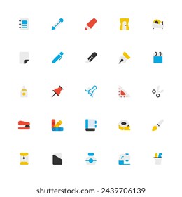 Stationery Icon Collection. Pixel Perfect Education Tools and Equipment Flat Color Style 2D Icon