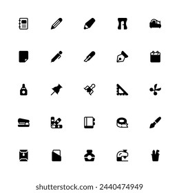 Stationery Icon Collection. Pixel Perfect Education Tools and Equipment Glyph Style 2D Icon