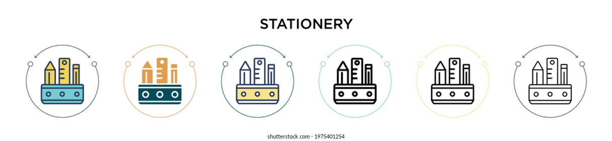 Stationery icon in filled, thin line, outline and stroke style. Vector illustration of two colored and black stationery vector icons designs can be used for mobile, ui, web