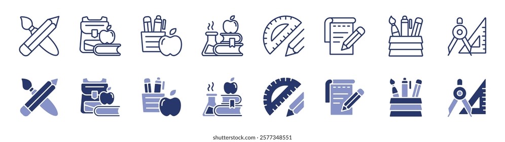 stationery icon line set office supply containing pencil, crayons, paint brush, holder, note, compass, book, bag, ruler signs vector illustration