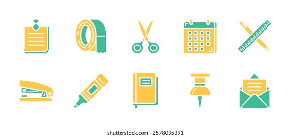 Stationery icon pack in colorful flat style, featuring sticky notes, duct tape, scissors, calendar, pencil and ruler, stapler, highlighter pen, notebook, paper pin, letter paper envelope.