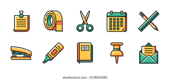 Stationery icon pack in colorful outline style, featuring sticky notes, duct tape, scissors, calendar, pencil and ruler, stapler, highlighter pen, notebook, paper pin, letter paper envelope.