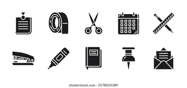 Stationery icon pack in glyph style, featuring sticky notes, duct tape, scissors, calendar, pencil and ruler, stapler, highlighter pen, notebook, paper pin, letter paper envelope.