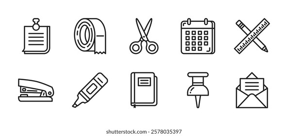 Stationery icon pack in outline style, featuring sticky notes, duct tape, scissors, calendar, pencil and ruler, stapler, highlighter pen, notebook, paper pin, letter paper envelope.