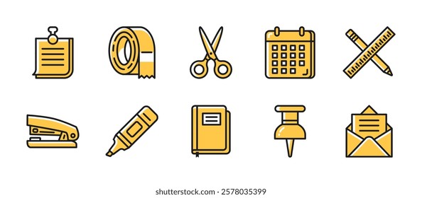 Stationery icon pack in single color style, featuring sticky notes, duct tape, scissors, calendar, pencil and ruler, stapler, highlighter pen, notebook, paper pin, letter paper envelope.