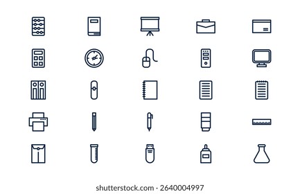 Stationery icon representing office supplies, writing tools, and school materials in outline style