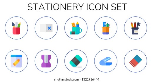stationery icon set. 10 flat stationery icons.  Collection Of - pencil case, evidence, erase, sharpener, eraser, stapler