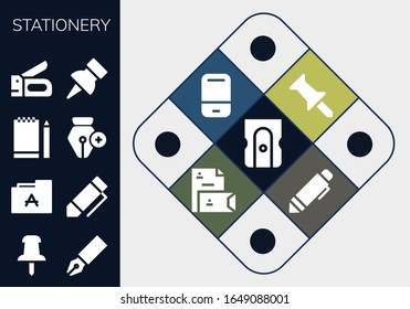 stationery icon set. 13 filled stationery icons.  Simple modern icons such as: Sharpener, Push pin, Pen, Font, Sketchbook, Stapler, Eraser, Stationery