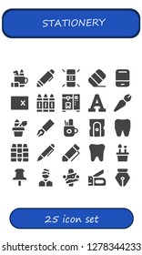  stationery icon set. 25 filled stationery icons. Simple modern icons about  - Pencil case, Pen, Eraser, Erase, Crayon, Tooth, Font, Sharpener, Crayons, Push pin, Artist, Stapler