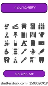stationery icon set. 25 filled stationery icons.  Simple modern icons about  - Pencil case, Stapler, Tooth, Sharpener, Crayons, Artist, Push pin, Sketchbook, Pen, Font, Eraser
