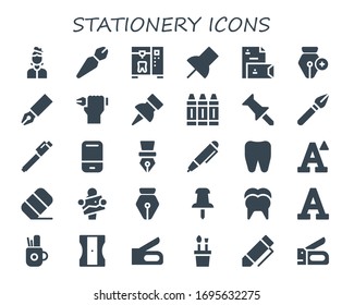 stationery icon set. 30 filled stationery icons. Included Artist, Pen, Tooth, Push pin, Stationery, Crayon, Eraser, Font, Pencil case, Sharpener, Stapler icons