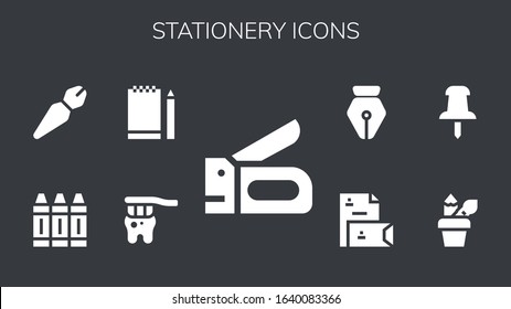 stationery icon set. 9 filled stationery icons. Included Stapler, Tooth, Sketchbook, Crayon, Pen, Pencil case, Push pin, Stationery icons