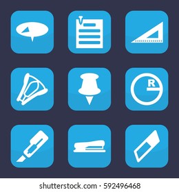 stationery icon. Set of 9 filled stationery icons such as cutter, ruler, stapler, paper pin, pin, circle