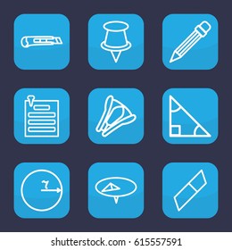 Stationery icon. set of 9 outline stationery icons such as pencil, cutter, stapler, paper pin, pin, triangle, circle