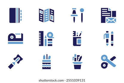 Conjunto de ícones de papel de carta. Estilo negrito. Duotônico cores. fita adesiva, caneta, apontador de lápis, pino de empurrar, brochura, papelaria, tesoura, ferramentas, suporte de lápis, documento.