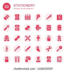 stationery icon set. Collection of 30 filled stationery icons included Eraser, Sharpener, Crayon, Cutter, Pen, Sketchbook, Reception, Rubber, Pushpin, Pencil case, Teeth, Cutters