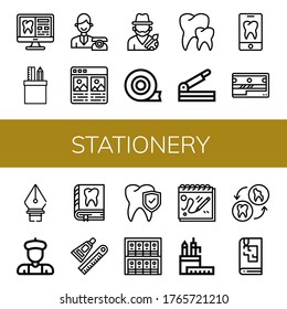 Stationery Icon Set. Collection Of Tooth, Stationery, Reception, Portfolio, Artist, Duct Tape, Teeth, Paper Cutter, Sharpener, Pen Tool, Glue, Binders, Sketchbook, Pencil Case Icons