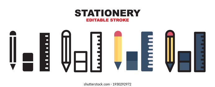 Stationery icon set with different styles. Colored vector icons designed in filled, outline, flat, glyph and line colored. Editable stroke and pixel perfect. Can be used for web, mobile, ui and more.