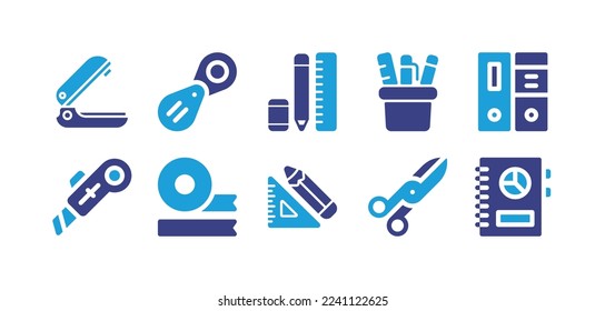 Stationery icon set. Duotone color. Vector illustration. Containing stapler, magnifier, binders, cutter, masking, tape.