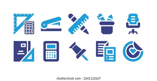 Stationery icon set. Duotone color. Vector illustration. Containing stationery, stapler, pencil, office, chair, calculator.
