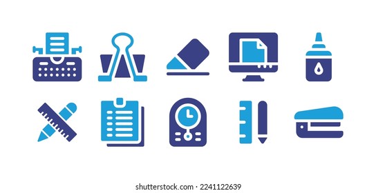 Stationery icon set. Duotone color. Vector illustration. Containing paperclip, typewriter, eraser, computer, sticky, note.