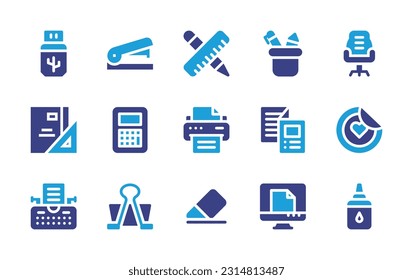 Stationery icon set. Duotone color. Vector illustration. Containing usb, stapler, pencil, stationery, office chair, calculator, printer, flyer, Stickers, typewriter, paperclip, eraser, computer, glue.