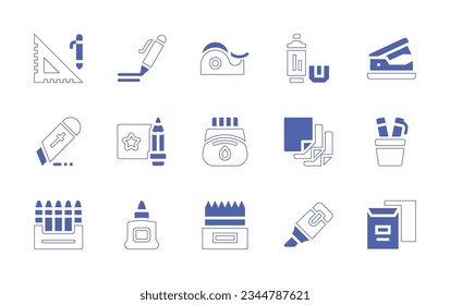 Stationery icon set. Duotone style line stroke and bold. Vector illustration. Containing stationery, pen, scotch, tape, highlighter, stapler, remover, cutter, drawing, ink, paper, crayons, liquid.