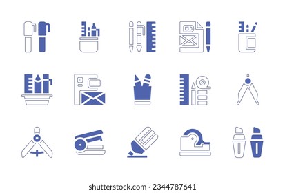 Stationery icon set. Duotone style line stroke and bold. Vector illustration. Containing pen, stationery, writing, tools, compass, drawing, stapler, highlighter, tape.