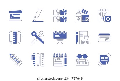 Stationery icon set. Duotone style line stroke and bold. Vector illustration. Containing stapler, highlighter, sticky, notes, stationery, branding, scissors, billboard, pencil, case, cutter, tools.
