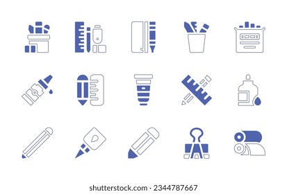 Stationery icon set. Duotone style line stroke and bold. Vector illustration. Containing pencil, case, stationery, box, chalk, liquid, glue, and, ruler, paint, paper, clip, printing.