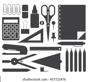 Stationery icon set. Elementary school appliances collection. Education equipment. Scissors, eraser and other study vector outline icons. Stationery set of office supplies.