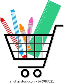 Stationery icon set, Elementary school appliances collection and Education equipment. illustration of Crayon, Pencil and Ruler icon in shopping cart icon. Online shopping, Sale concept  - Shutterstock ID 676987021