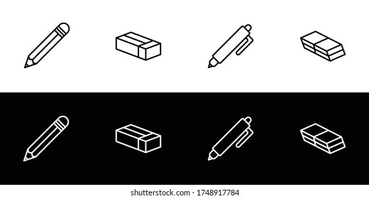 Stationery icon set. Flat design icon collection isolated on black and white background. Pencil, pen, and eraser.