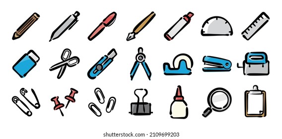 Stationery icon set for graphic (Hand draw color version)
