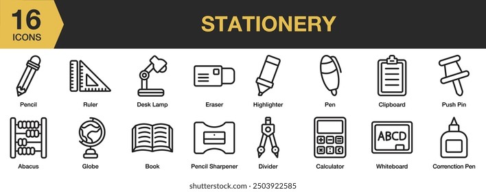 Stationery icon set. Includes abacus, book, divider, highlighter, pen, pencil sharpener, and More. Outline icons vector collection.