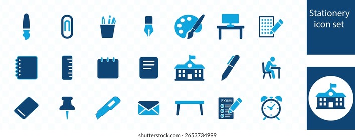 Stationery icon set – Includes pen, notebook, school, workspace, writing and painting. Editable stroke